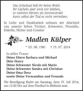 Traueranzeige von Madlen Külper von Märkische Oderzeitung